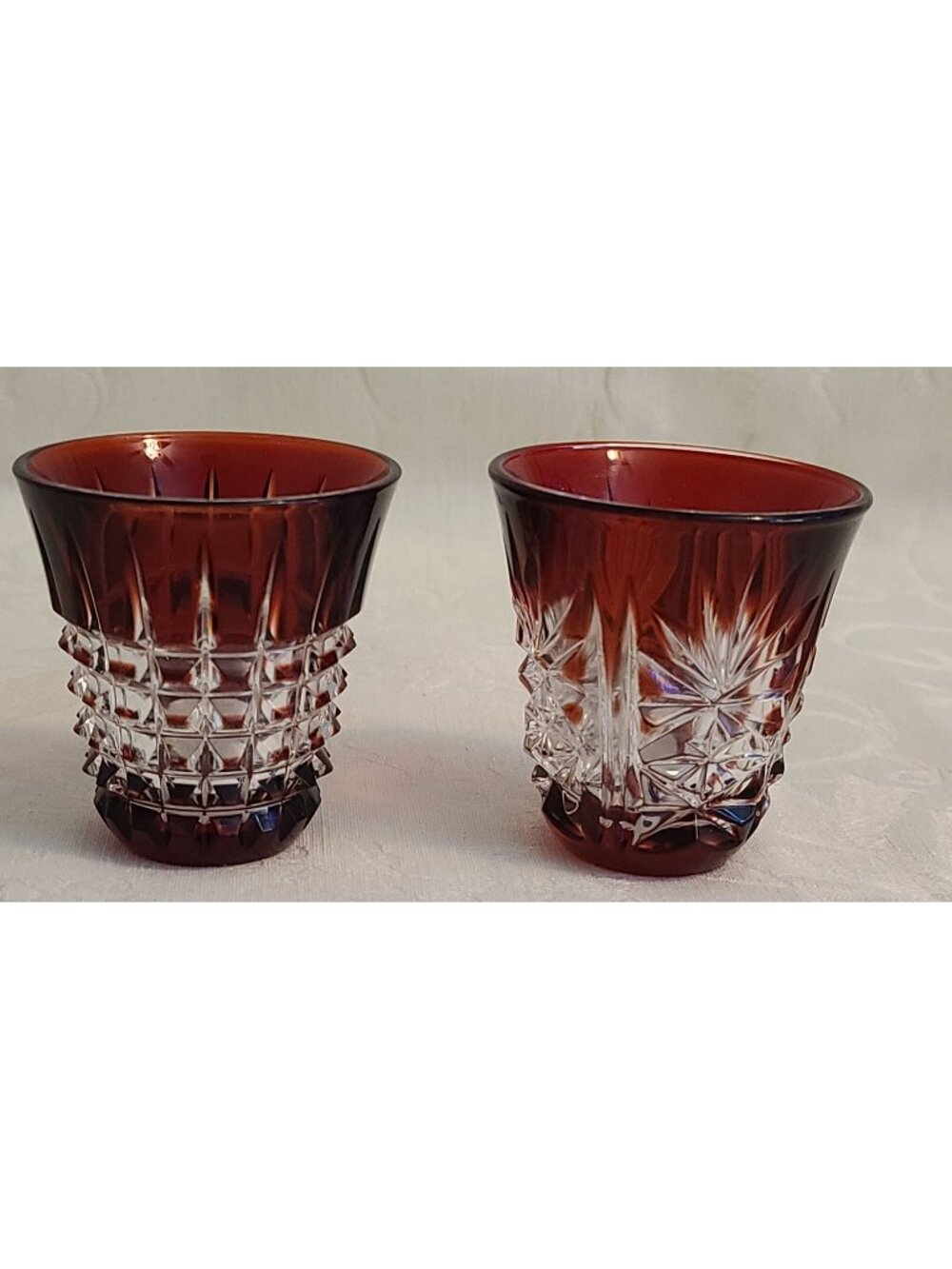 2 Ruby Cut To Clear Crystal Shot Glasses 1 Diamond & 1 Starburst